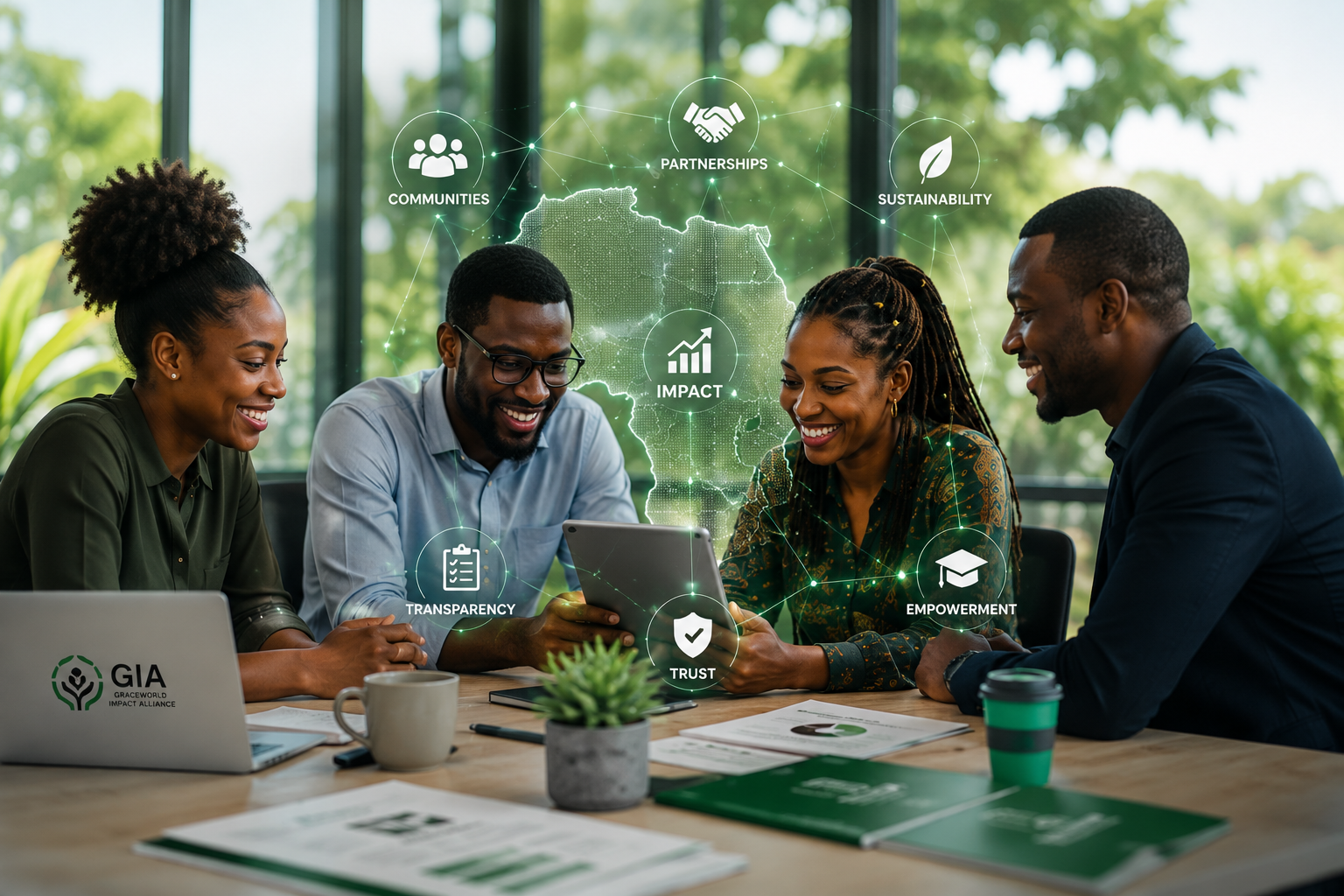 Diverse professionals collaborating around a laptop with the GIA impact network visible